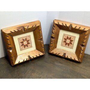2 Vtg. Rustic Wooden Frames W/ Ukrainian ? Needlepoint Art & Carved Design